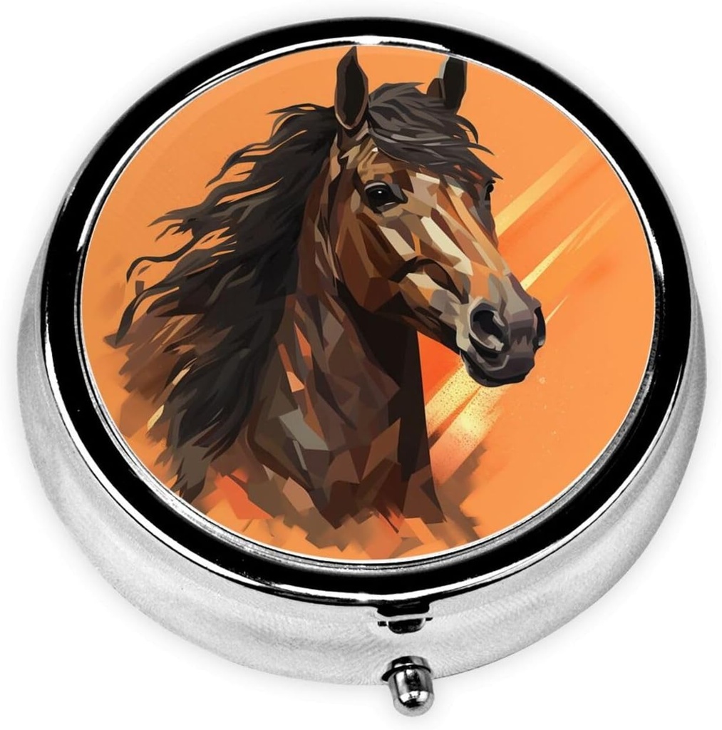 Πορτοκαλί φόντο με Horse Head Pill Box Metal Round Small Pill Υπόθεση Χαριτωμένο 3 Διαμέρισμα Pill Organizer Φορητό Travel Pillbox Mini Pill Container Holder για την καθημερινή ιατρική συμπλήρωμα βιταμίνης