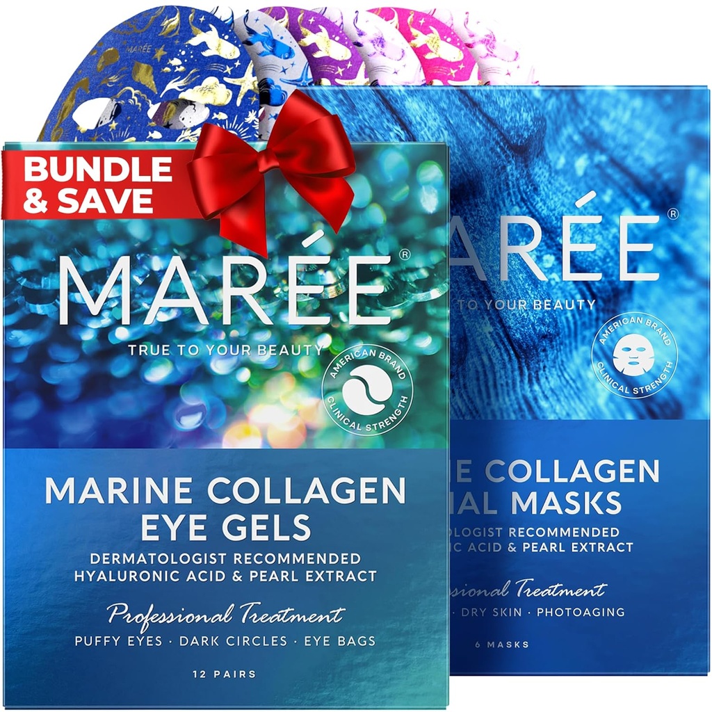 MAREE Eye Gels & Μάσκες Προσώπου Bundle - Under Eye Gels for Puffy Eyes and Dark Circles, Φύλλο Ενυδατικές Μάσκες - Θαλάσσιο Κολλαγόνο & Υαλουρονικό Οξύ, Πράσινο & Κόκκινο εκχύλισμα Φυκιών - για όλους τους τύπους δέρματος