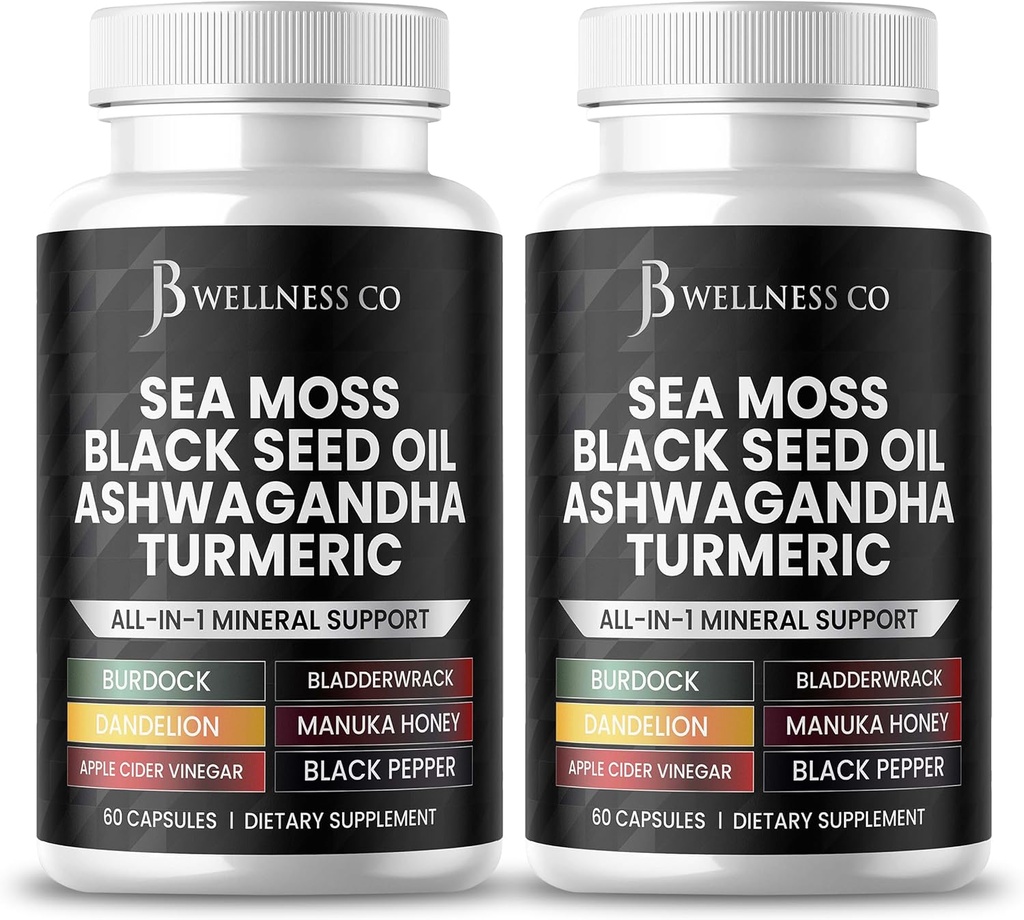 Sea Moss Black Seed Oil Ashwagandha Turmeric Bladderwrack Burdock - με Manuka, Honey Dandelion, ACV Μαύρο πιπέρι Γλουτένη Δωρεάν- 120 κόμης