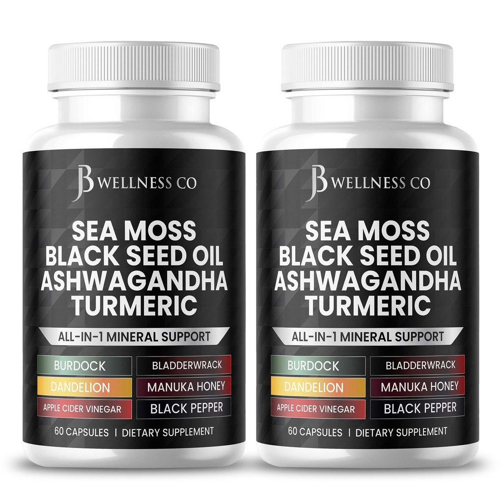 Sea Moss Black Seed Oil Ashwagandha Turmeric Bladderwrack Burdock - με Manuka, Honey Dandelion, ACV Μαύρο πιπέρι Γλουτένη Δωρεάν- 120 κόμης