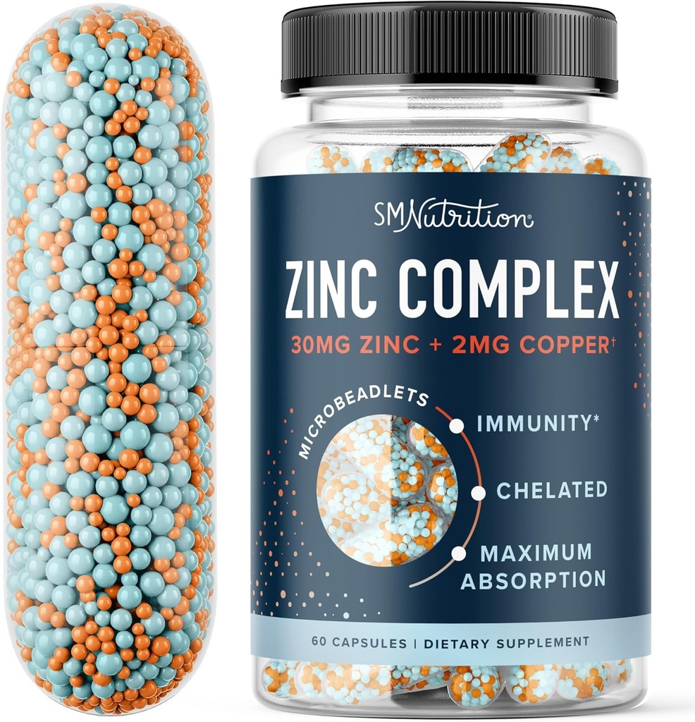 Zinc Supplement Microbeadlets for Immune & Acne Support | Highly Absorbable Zinc Bisglycinate & Orotate with 2mg Chelated Copper + Vitamin B6 | Vegan, Gluten-Free | 60 Capsules (2 Month Supply)