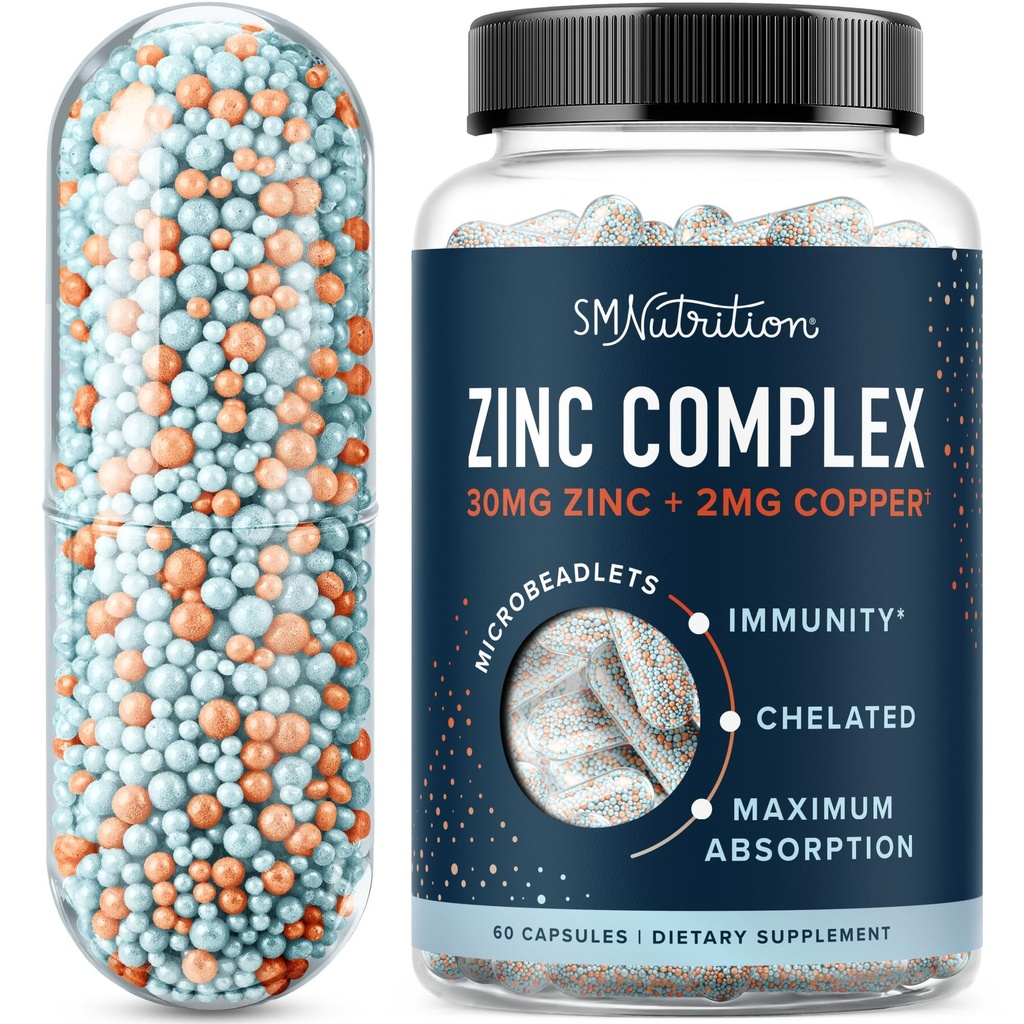 Zinc Supplement Microbeadlets with Copper for Immune Support | Highly Absorbable Zinc Bisglycinate & Orotate with 2mg Chelated Copper + Vitamin B6 | Vegan, Gluten-Free | 60 Capsules (2 Month Supply)