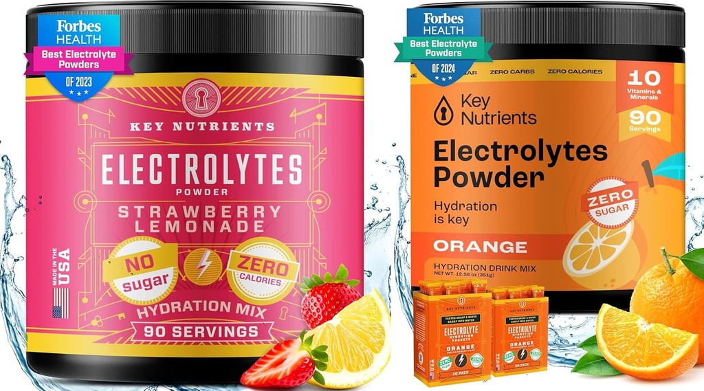 KEY NUTRIENTS Electrolytes & Multivitamin Hydration Powder Bundle – Juicy Strawberry Lemonade & Tangy Orange Electrolyte Powders (90 Servings Each) – Sugar-Free, Keto-Friendly, No Calories