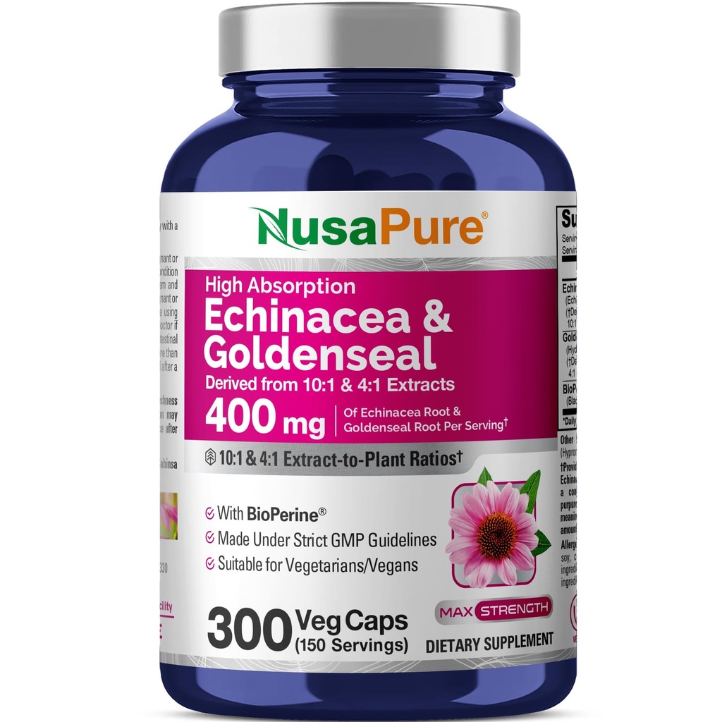 NusaPure Echinacea Goldenseal 200mg, (Extract 10:1, Ισοδύναμο με 2.000mg), 200mg, (Extract 4:1, Ισοδύναμο με 800mg) - 2800mg 300 Veggie Caps (Vegetarian, Non-GMO, Vegan)