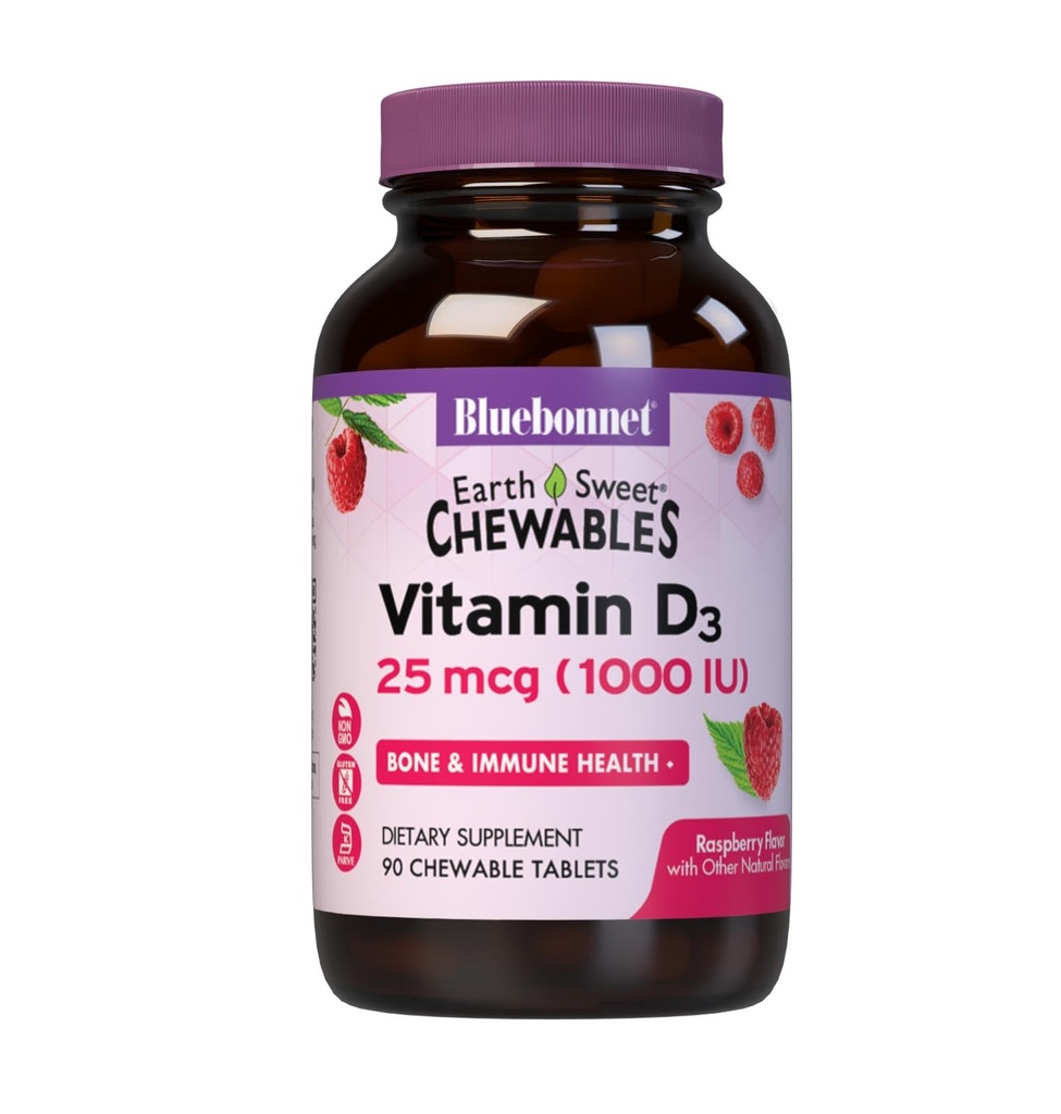 Bluebonnet Nutrition EarthSweet Vitamin D3 1000IU - Συμπλήρωμα υποστήριξης οστών & ανοσοποιητικών - Raspberry Chewable Vitamin D συμπλήρωμα για γυναίκες & άνδρες - Χωρίς σόγια, χωρίς γλουτένη, μη- ΓΤΟ - 90 δισκία