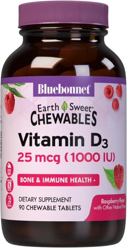 Bluebonnet Nutrition EarthSweet Vitamin D3 1000IU - Συμπλήρωμα υποστήριξης οστών & ανοσοποιητικών - Raspberry Chewable Vitamin D συμπλήρωμα για γυναίκες & άνδρες - Χωρίς σόγια, χωρίς γλουτένη, μη- ΓΤΟ - 90 δισκία