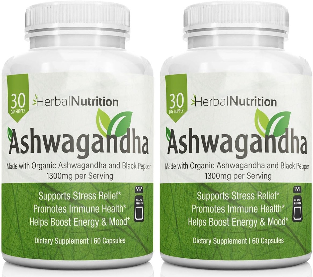 Φυτική διατροφή Βιολογική Ashwagandha 1300mg Μέγιστη δύναμη, Δύο φιάλες, 120 κάψουλες Plus Μαύρο πιπέρι για βιοδιαθεσιμότητα