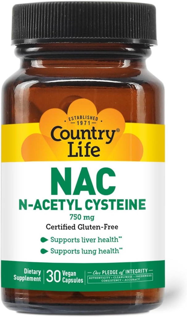 Country Life N-Acetyl Cysteine (NAC) 750 mg – Premium Liver Support and Lung Health Supplement – Ισχυρή Αντιοξειδωτική Προστασία, Αποτοξίνωση του ήπατος & Καθαρισμός, Ανοσοποιητική Υποστήριξη, 30 Καψάκια Χορτοφαγικής
