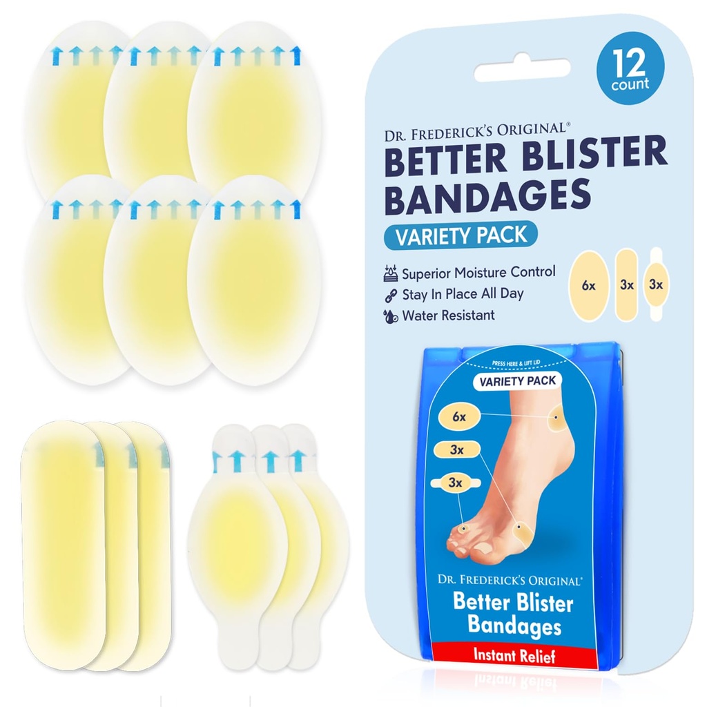 Dr. Frederick's Original Better Blister Bandages, Variety Pack, 12 ct | Hydrocolloid, Water-Resistant, Latex-Free, Feet, Toes and Heels, Cushions Friction-Prone Areas, Heel, Toe and Spot Shapes