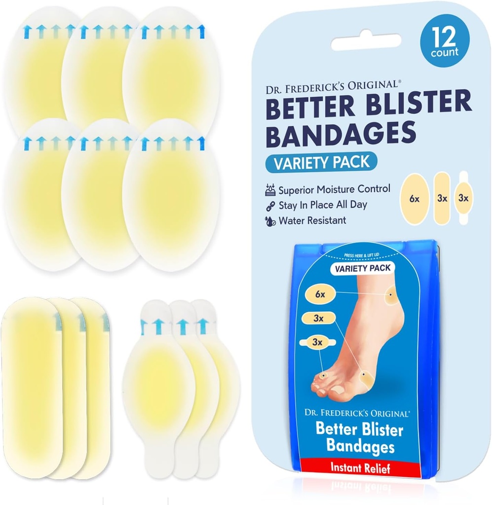 Dr. Frederick's Original Better Blister Banges - 12ct - Αδιάβροχη - 40% Περισσότερα Μαξιλάρι - Υδροκολλοειδής Μπάντες για τα πόδια, τα δάχτυλα, & τακούνια - Κυψέλες για την πρόληψη και την ανάκτηση - Variety Pack