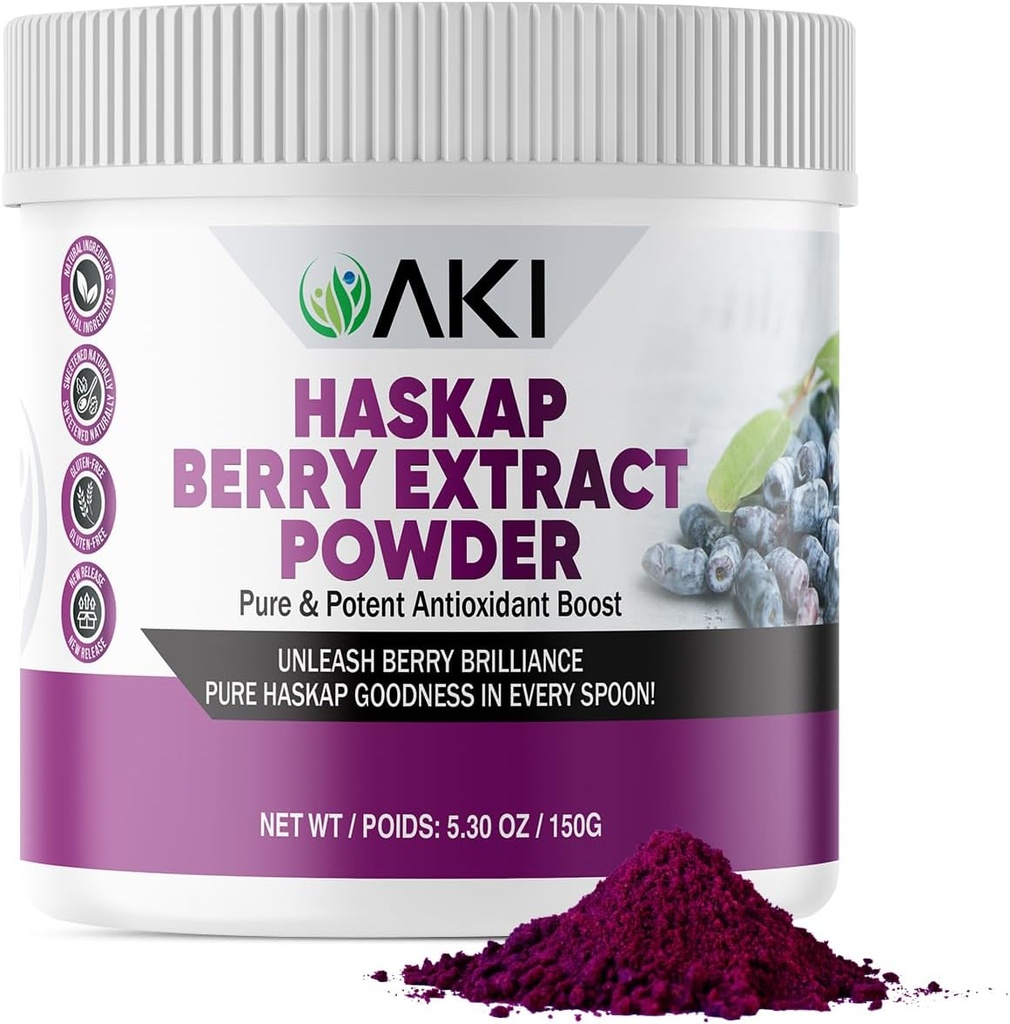 AKI Haskap Berry Extract Powder - Πλούσιο σε Αντιοξειδωτικά, Βιταμίνη-C & Πολυφαινόλες - Εξάγεται από την ποιότητα Αποξηραμένα μούρα - Όχι Προστέθηκε Τεχνητές Γεύσεις & Χρωματισμός - Ενισχύει το επίπεδο ενέργειας (5.30Oz/150g)
