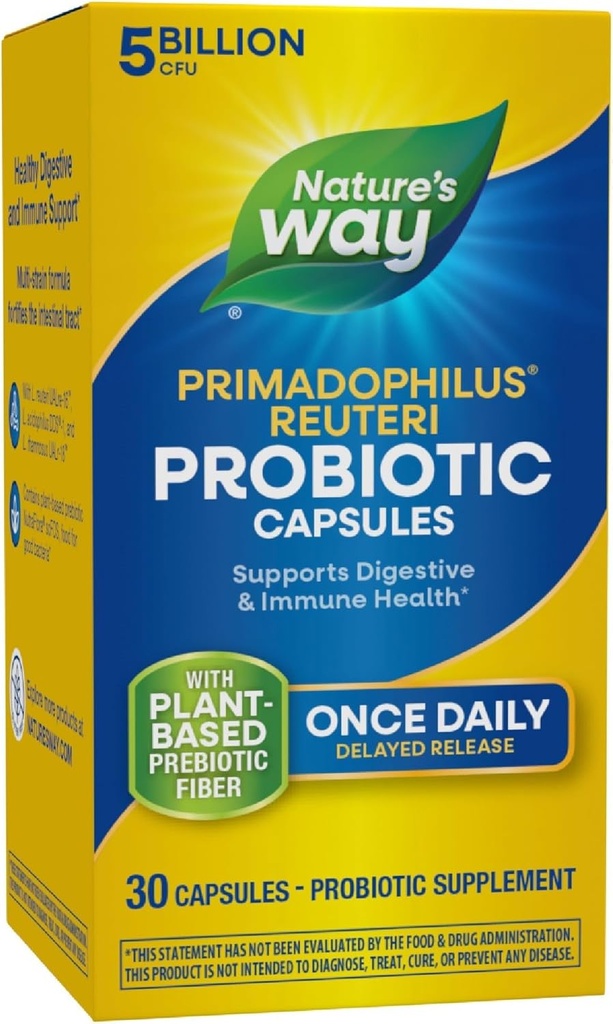 Nature's Way Primadophilus Reuteri Probiotic, Supports Digestive & Immune Health*, 5 Billion Live Cultures, 30 Κάψουλες (Packaging May Vary)