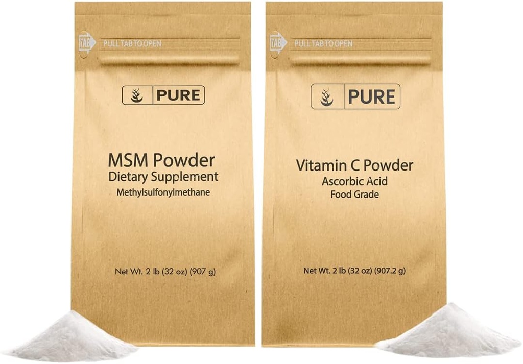 PURE Αρχική ΣΥΣΤΑΤΙΚΑ Βιταμίνη C σκόνη & Methylsulfonylmethane MSM σκόνη Bundle, (2 lb) Πάντα καθαρό, συμπλήρωμα διατροφής
