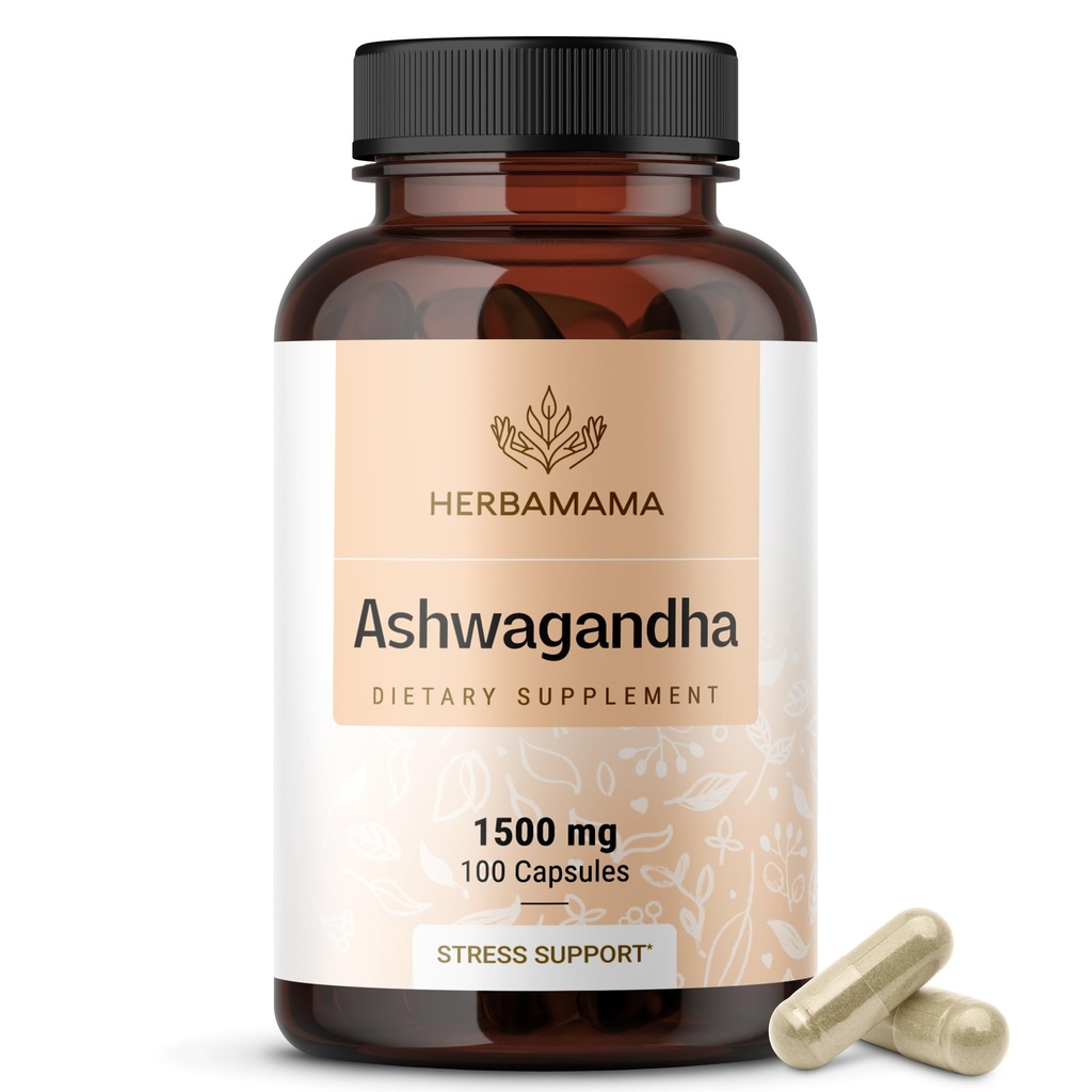 HERBAMAMA Ashwagandha κάψουλες - 1500mg Pure Ashwagandha Root Focus συμπλήρωμα - Vegan, μη-GMO Mood & Calm συμπλήρωμα υποστήριξης για ενήλικες, 100 Caps