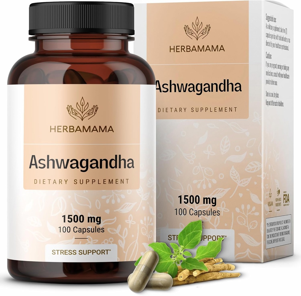 HERBAMAMA Ashwagandha κάψουλες - 1500mg Pure Ashwagandha Root Focus συμπλήρωμα - Vegan, μη-GMO Mood & Calm συμπλήρωμα υποστήριξης για ενήλικες, 100 Caps