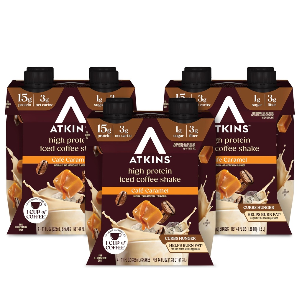 Atkins Café Caramel Iced Coffee Flavored Protein Shake, High Protein Shake, Low Glycemic, Low Carb and Low Sugar, Keto Friendly, Gluten Free, 12 Count