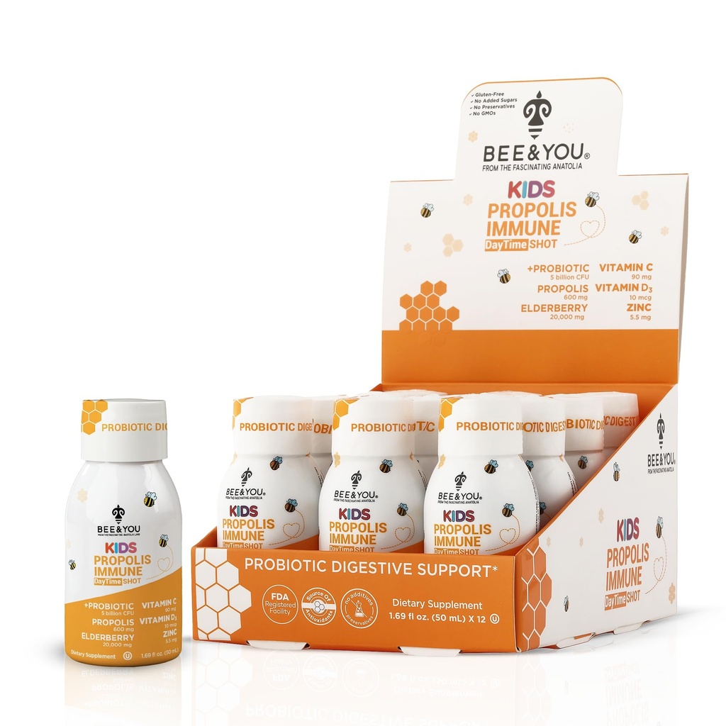 Bee and You Kids Propolis Immune Day Time Shot - Προβιοτική, Βιταμίνη C, Βιταμίνη D3, Ψευδάργυρος, Ανοσολογική Υποστήριξη, Υγεία των Ούλων, Επιπεφυκίτιδα Υγεία, 1,69 fl. oz, 12 Pack