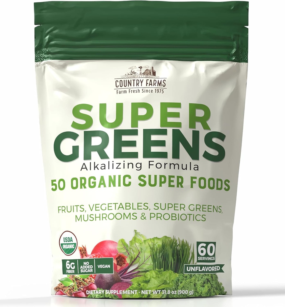 Χώρα Αγροκτήματα Super Greens Φυσική Γεύση, 50 Βιολογικά Super Foods, USDA Βιολογικό Μείγμα Ποτού, Φρούτα, Λαχανικά, Σούπερ Πράσινοι, με Ίνες, Μανιτάρια & Προβιοτικά, Υποστηρίζει Ενέργεια, 60 Υπηρεσίες, 900g