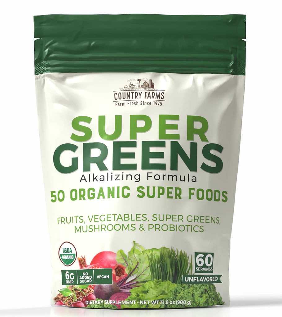 Χώρα Αγροκτήματα Super Greens Φυσική Γεύση, 50 Βιολογικά Super Foods, USDA Βιολογικό Μείγμα Ποτού, Φρούτα, Λαχανικά, Σούπερ Πράσινοι, με Ίνες, Μανιτάρια & Προβιοτικά, Υποστηρίζει Ενέργεια, 60 Υπηρεσίες, 900g