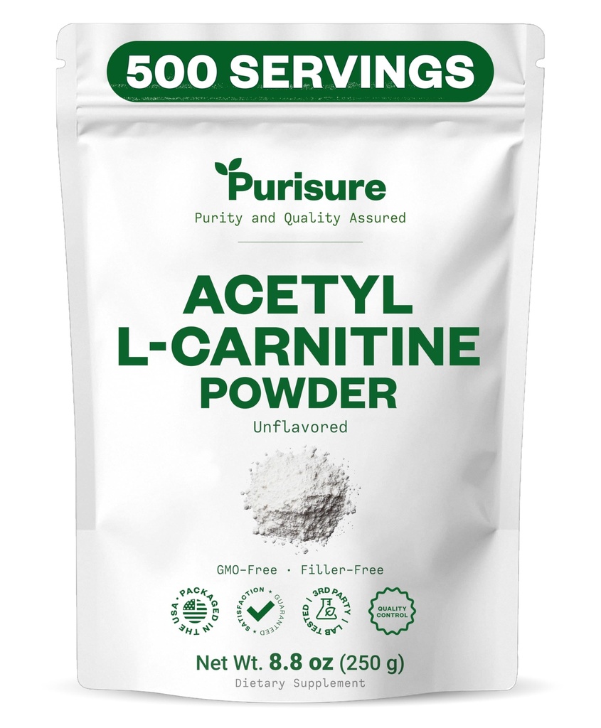 Purisure Acetyl L-Carnitine Powder, 250g, ALCAR Powder, Amino Acid Supplement, Acetyl L-Carnitine Supplement for Better Cognative Performance and Muscle Endurance, Gluten Free, Non-GMO, 500 Servings
