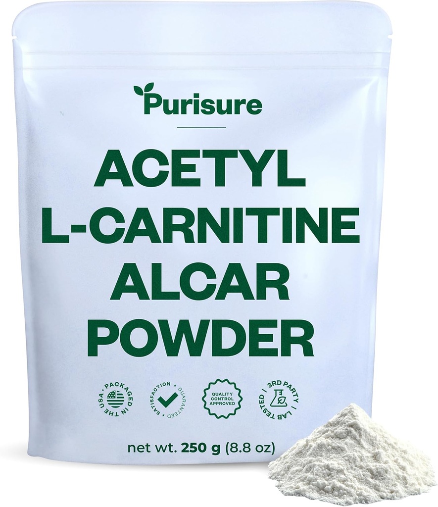 Purisure Acetyl L-Carnitine Powder, 250g, ALCAR Powder, Amino Acid Supplement, Acetyl L-Carnitine Supplement for Better Cognative Performance and Muscle Endurance, Gluten Free, Non-GMO, 500 Servings