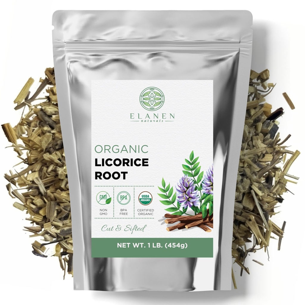 Elanen Naturals Organic Licorice Root 1 lb. (16 oz.), USDA Certified Organic Licorice Root Tea, Licourice Μαζική Choped, Liquorice, Raiz de Regaliz Licrice, Glycyrrhiza glabra, Cut & Sifted