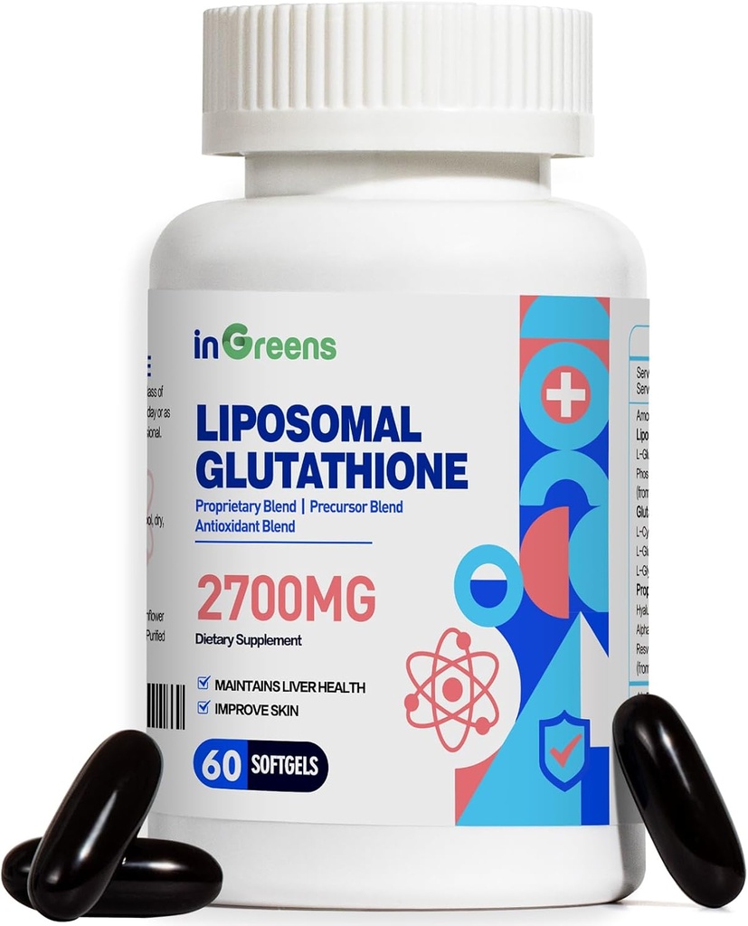 2700 MG Liposomal Glutathionone Supplement, Max Απορρόφηση, Ενεργή Μορφή L Glutathione reductase (GSH), με Υαλουρονικό οξύ, ρεσβερατρόλη, Ισχυρό Αντιοξειδωτικό, Γήρανση Υγείας, 60 Softgels