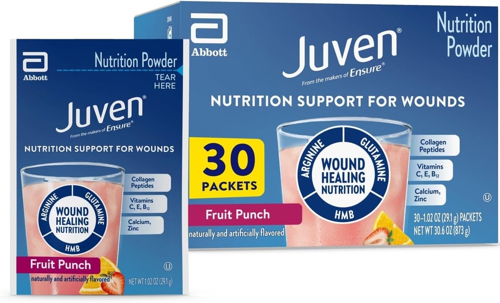 Juven Therapeutic Nutrition Drink Powder Including Collagen Peptides, Amino Acids, and HMB For Wound Healing Support, Fruit Punch, 30 Packets