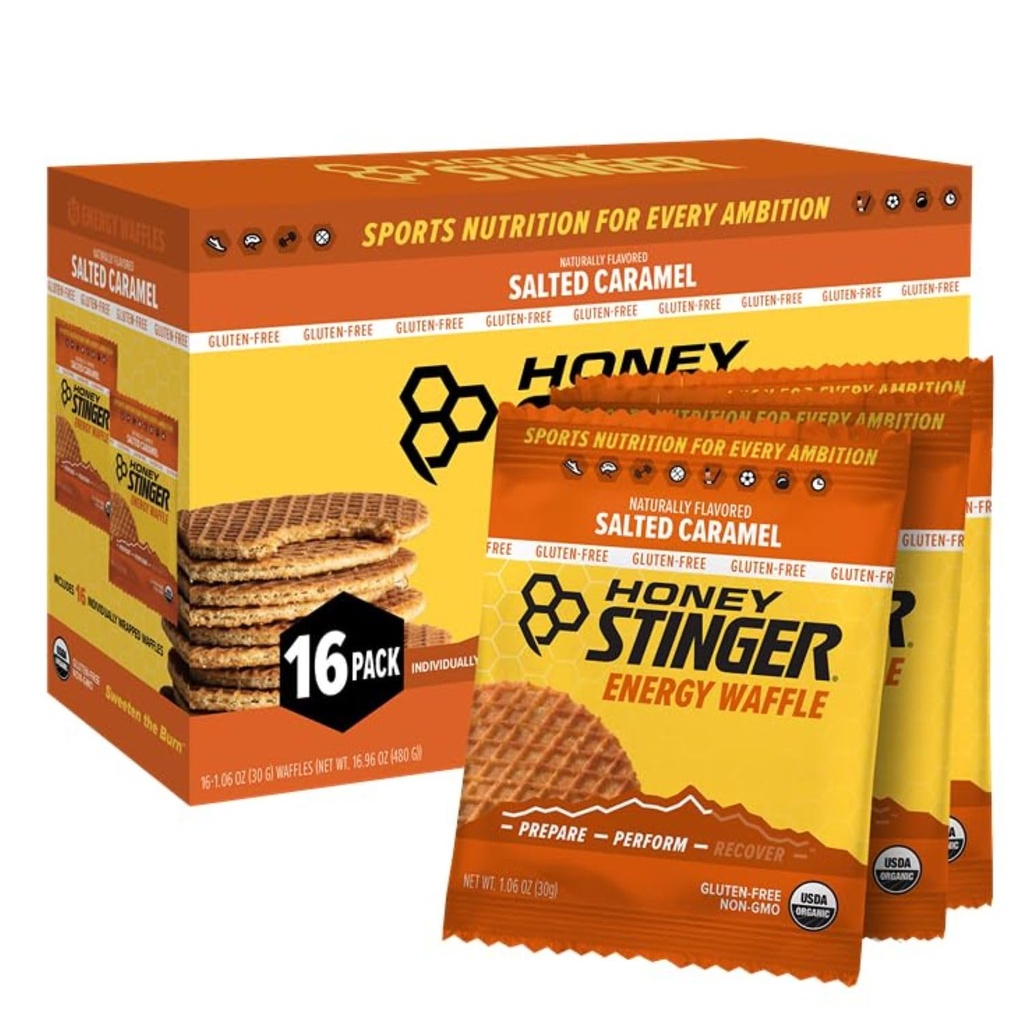 Μέλι Stinger Βιολογική Γλουτένη χωρίς αλάτι Caramel Waffle, Ενέργεια Stroopwafel για την άσκηση, αντοχή και απόδοση, Αθλητική Διατροφή για το Σπίτι & Γυμναστήριο, Προ & Post προπόνηση, Κουτί των 16 Βάφλες, 16.96 Oz