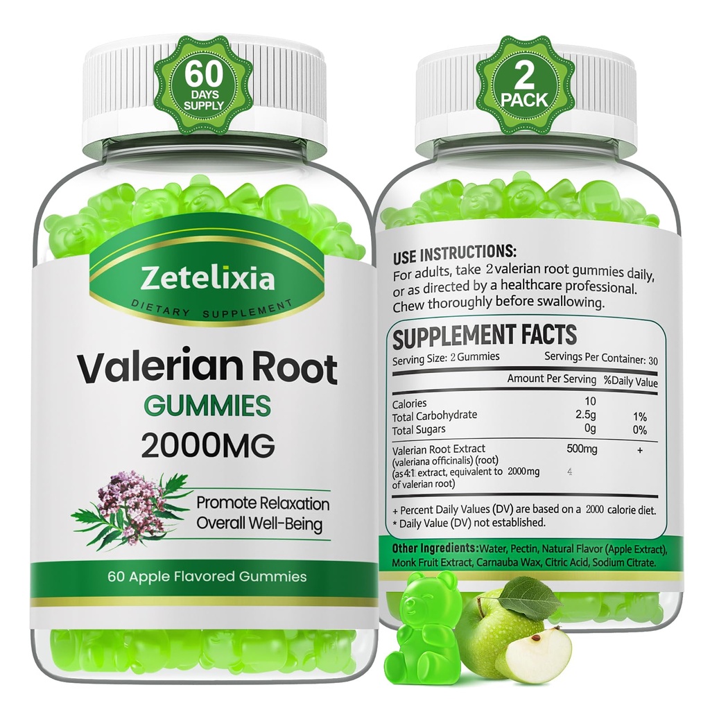 2 Πακέτο Organic Valerian Root Gummies, συμπλήρωμα βοτάνων για την υποστήριξη χαλάρωσης και διάθεσης, Gummies ύπνου Χωρίς μελατονίνη για ενήλικες, Vegan, μη-GMO, Apple Γεύση, 120 Count