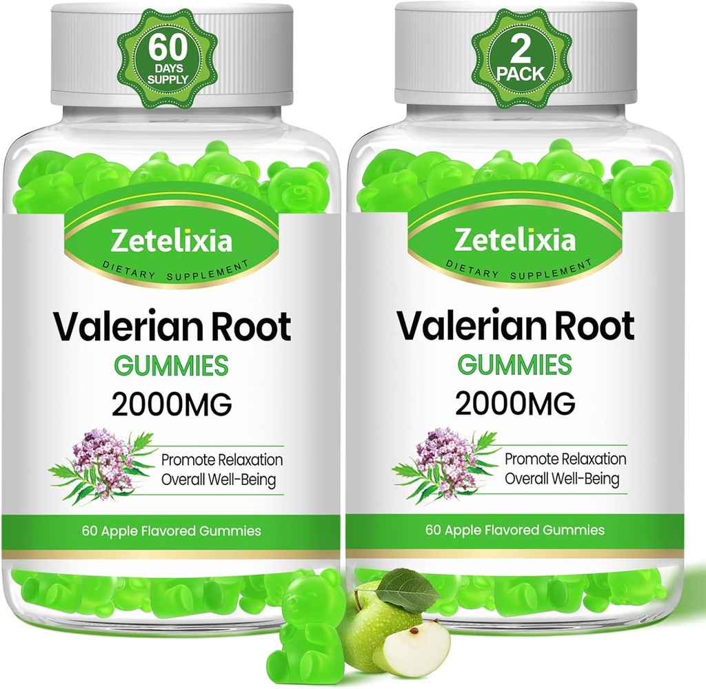 2 Πακέτο Organic Valerian Root Gummies, συμπλήρωμα βοτάνων για την υποστήριξη χαλάρωσης και διάθεσης, Gummies ύπνου Χωρίς μελατονίνη για ενήλικες, Vegan, μη-GMO, Apple Γεύση, 120 Count