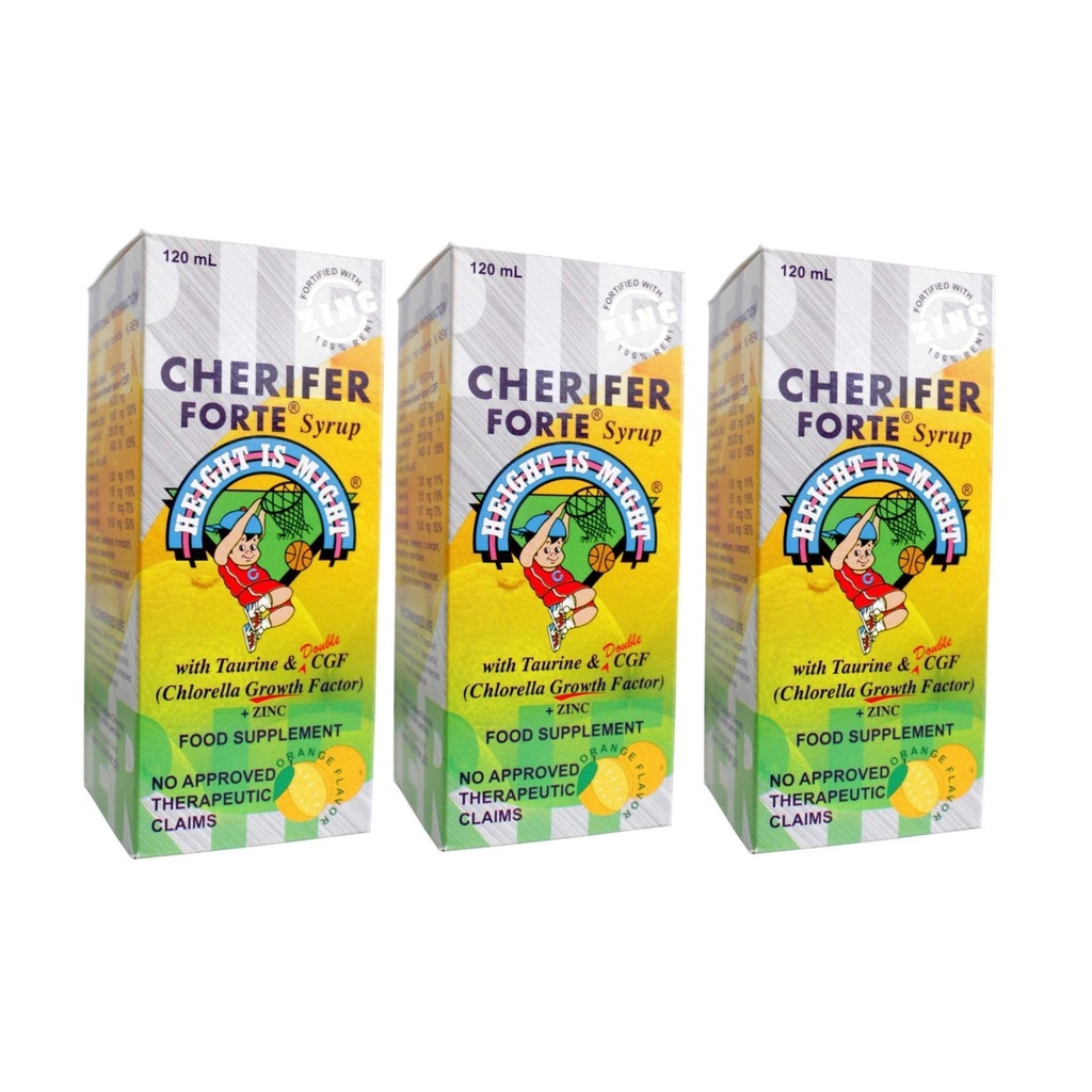 3 CHERIFER Forte Syrup w/Taurine & Διπλός παράγοντας ανάπτυξης Chlorella + ψευδάργυρος 120ml