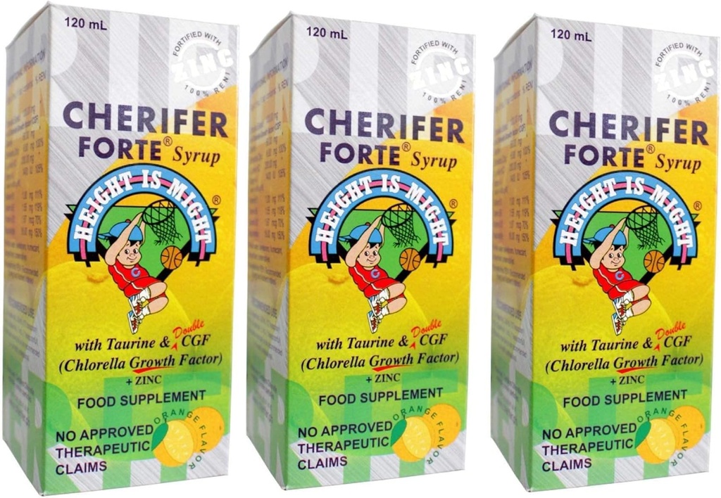 3 CHERIFER Forte Syrup w/Taurine & Διπλός παράγοντας ανάπτυξης Chlorella + ψευδάργυρος 120ml