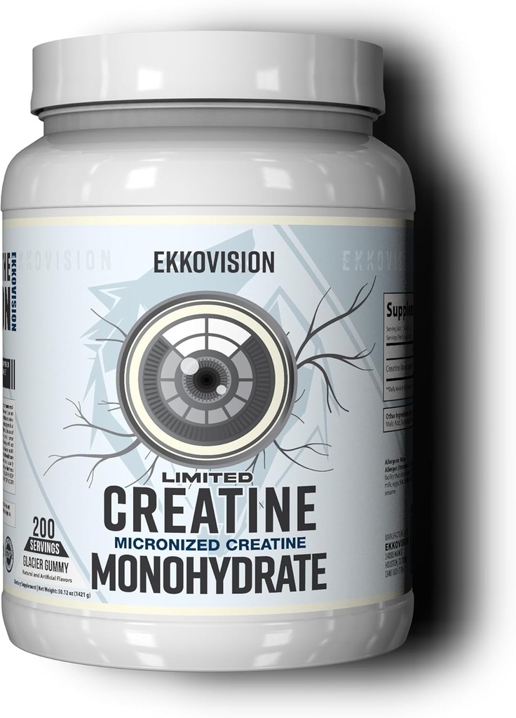 Ekkovision Creatine Monohydrate Powder, Micronized, Glacier Gummy, Pre Workout & Post συμπλήρωμα προπόνησης για άνδρες και γυναίκες, Ενεργειακή υποστήριξη, εύκολο να αναμειχθεί σε Shakes, Smoothies & Ποτά, 200 εξυπηρετήσεις