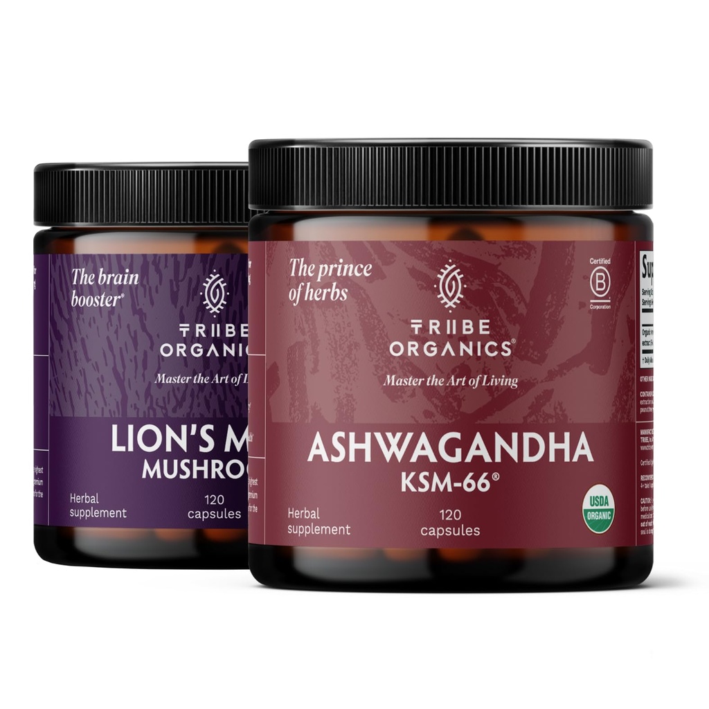 TRIBE ORGANICS NOOTROPIC Duo - KSM66 Ashwagandha + Mane Organic Lion's - Πέρα από την εστίαση, την ευαισθητοποίηση του μυαλού και την υγεία του μυαλού