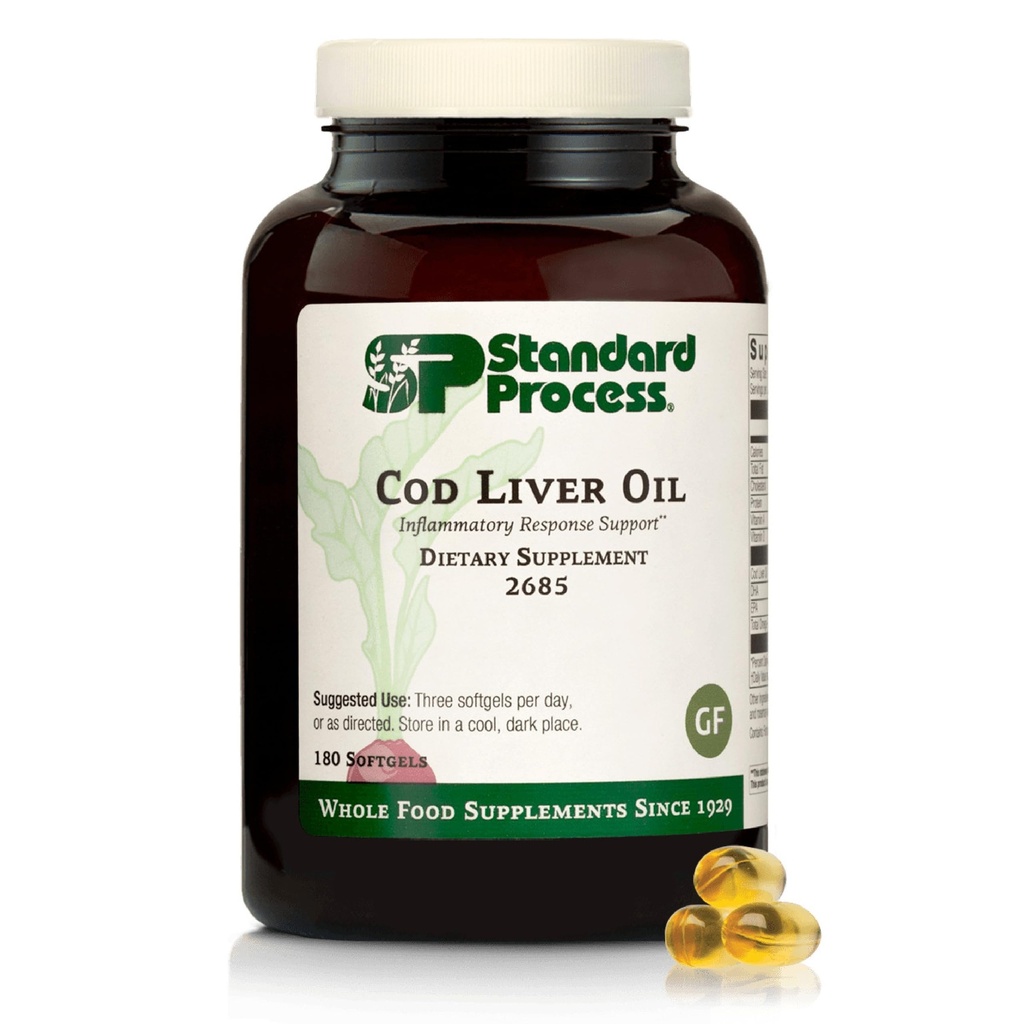 Standard Process Cod Liver Oil - Aids Healthy Skin & Eyes με Ωμέγα-3 Λιπαρά Οξέα & Βιταμίνες Α και Δ - Υποστήριξη για την Υγεία των Οστών & των Δοντιών - Χωρίς γλουτένη, Μη-Dairy & Μη-Σόγια - 180 Softgels (60 Services)
