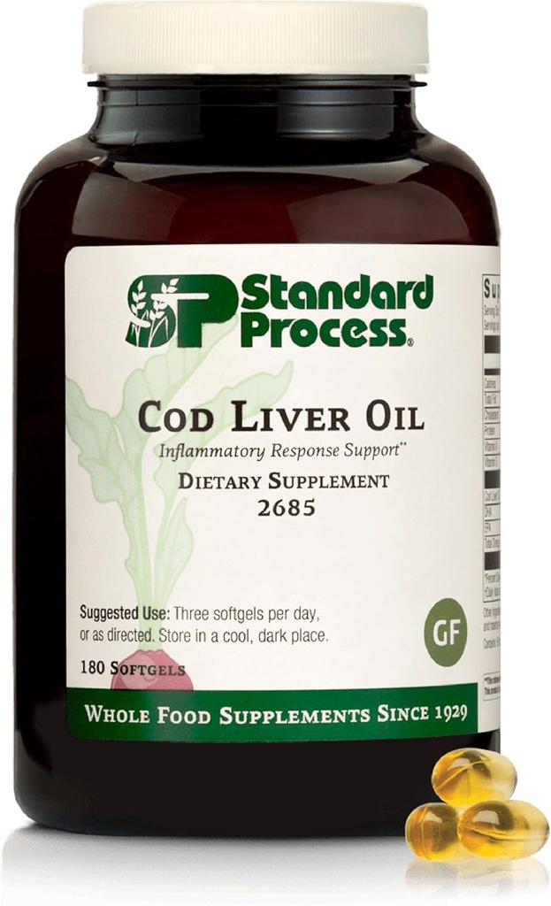 Standard Process Cod Liver Oil - Aids Healthy Skin & Eyes with Omega-3 Fatty Acids & Vitamins A and D - Bone & Tooth Health Support - Gluten-Free, Non-Dairy & Non-Soy - 180 Softgels (60 Servings)