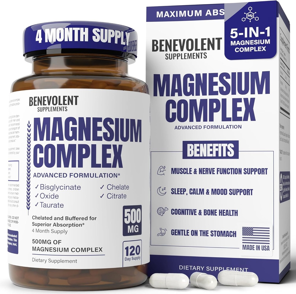 Magnesium Complex Supplement, 4 Month Supply of 500mg 5-in-1 Bisglycinate, Oxide, Taurate, Aspartate, Citrate, Max Absorption Magnesium Supplement for Calm, Sleep & Leg Cramps, 120 Capsule