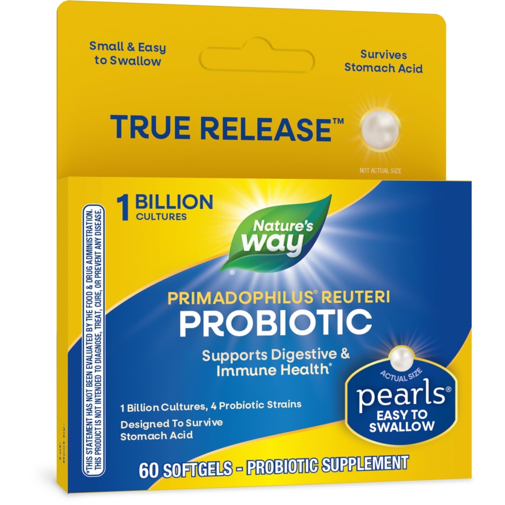 Nature's Way Primadophilus Reuteri Probiotic Pearls for Men and Women, Digestive and Immune Health*, 1 Billion Culture, 4 Probiotic Strains, Survives Stomach Acid, 60 Softgels
