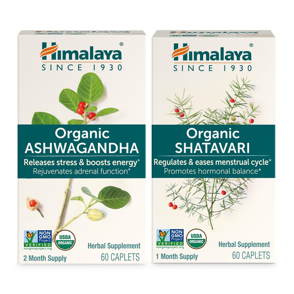 Himalaya Organic Ashwagandha for Energy Support Plus Organic Shatavari for PMS, Menstrual Cramp Relief & Emenopause Support, 60 κάψουλες το καθένα – 2 πακέτα προϊόντων