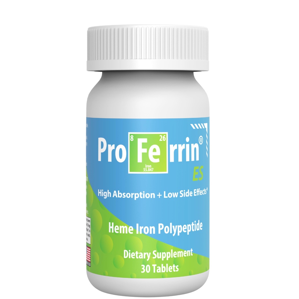 Proferrin ES- 10.5mg of high Absorbing Heme Iron Polypeptide. Made in the USA. 30 Tablets. Easy on the Gut. Not affected by Coffee, Calcium, or PPI's.