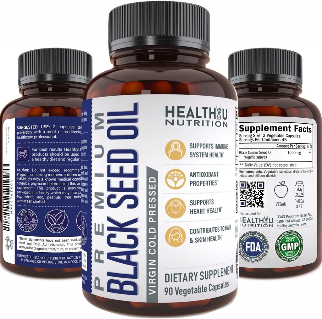 Premium Black Cumin Seed Oil Capsules - Virgin Cold Pressed Nigella Sativa Black Seed Oil Pills - Immune Support Supplement - Omega 3 6 9 Vitamin E Blackseed for Nails Hair Skin 1000 mg p/Serving