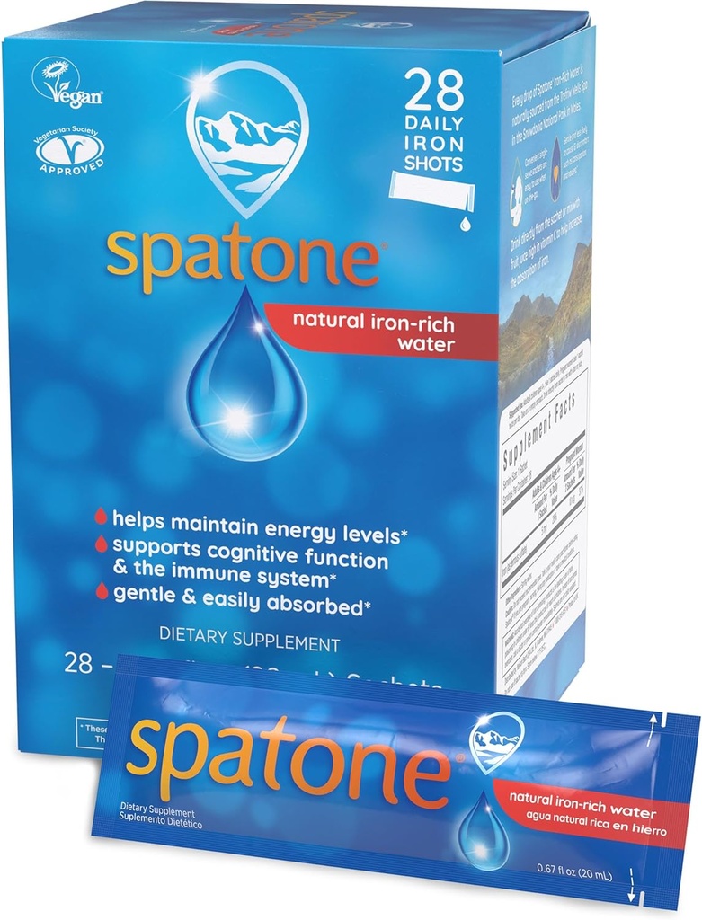 Spatone Natural Liquid Iron Supplement for Women & Kids Ηλικίες 4+ - Ιδανικό Κατά τη διάρκεια της εγκυμοσύνης - Εύκολα Απορροφημένο & Απαλό - Vegan - Χορτοφαγικά - Original Γεύση - 28-Ημέρα - 5mg σιδήρου ανά 20mL Σακέτο