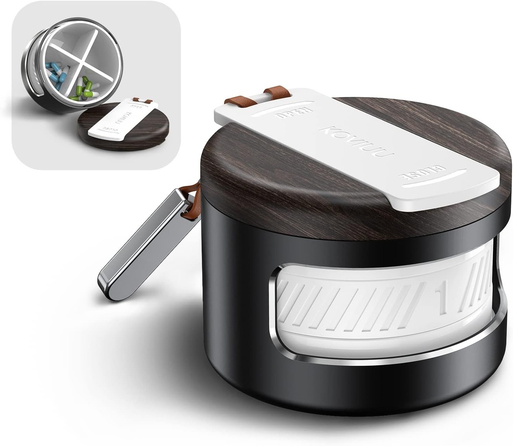 Metal Pill Organizer, Daily Pill Box 4 Times a Day, Travel Pill Case 4 Compartments, Portable Pillbox, Pill Container Holder for Vitamin, Medicine, Supplement, Fish Oil, Black