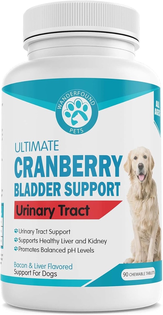 Wanderfound Pets Ultimate Cranberry Bladder UTI Support Supplement for Dogs - Dog Urinary Tract Infection Incontinence Formula with Cordyceps Mushroom - Bacon & Liver Flavor - 90 Chewable Tablets