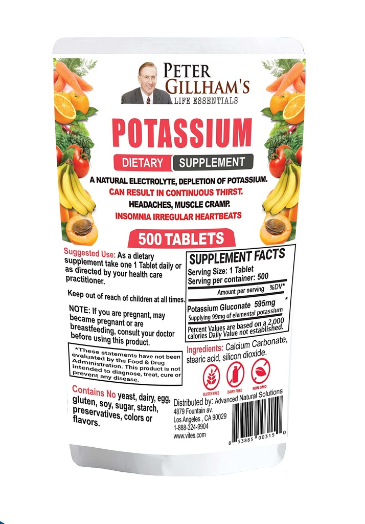Peter Gillham’s Life Essentials Potassium Gluconate tablets 595mg, 500 Tablets, Support Electrolyte Balance, Made in USA (Package May Vary)