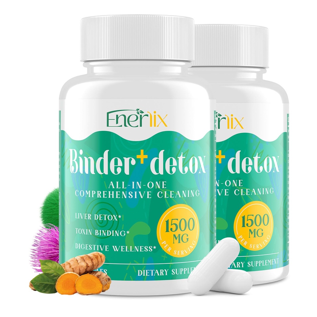 Enerlix 15-in-1 Detox Binder, Activated Charcoal, Zeolite & Bentonite Clay, Chlorella, 1500 MG Detox Supplement Maximum Absorbent, Liver Gut Digestive Detox Cleanse, 180 Vegan Capsules
