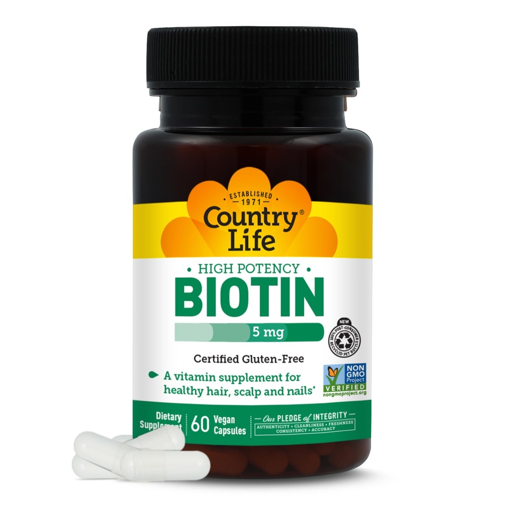Country Life - Βιοτίνη Υψηλής Ικανότητας, 5 mg - 60 Vegan Κάψουλες