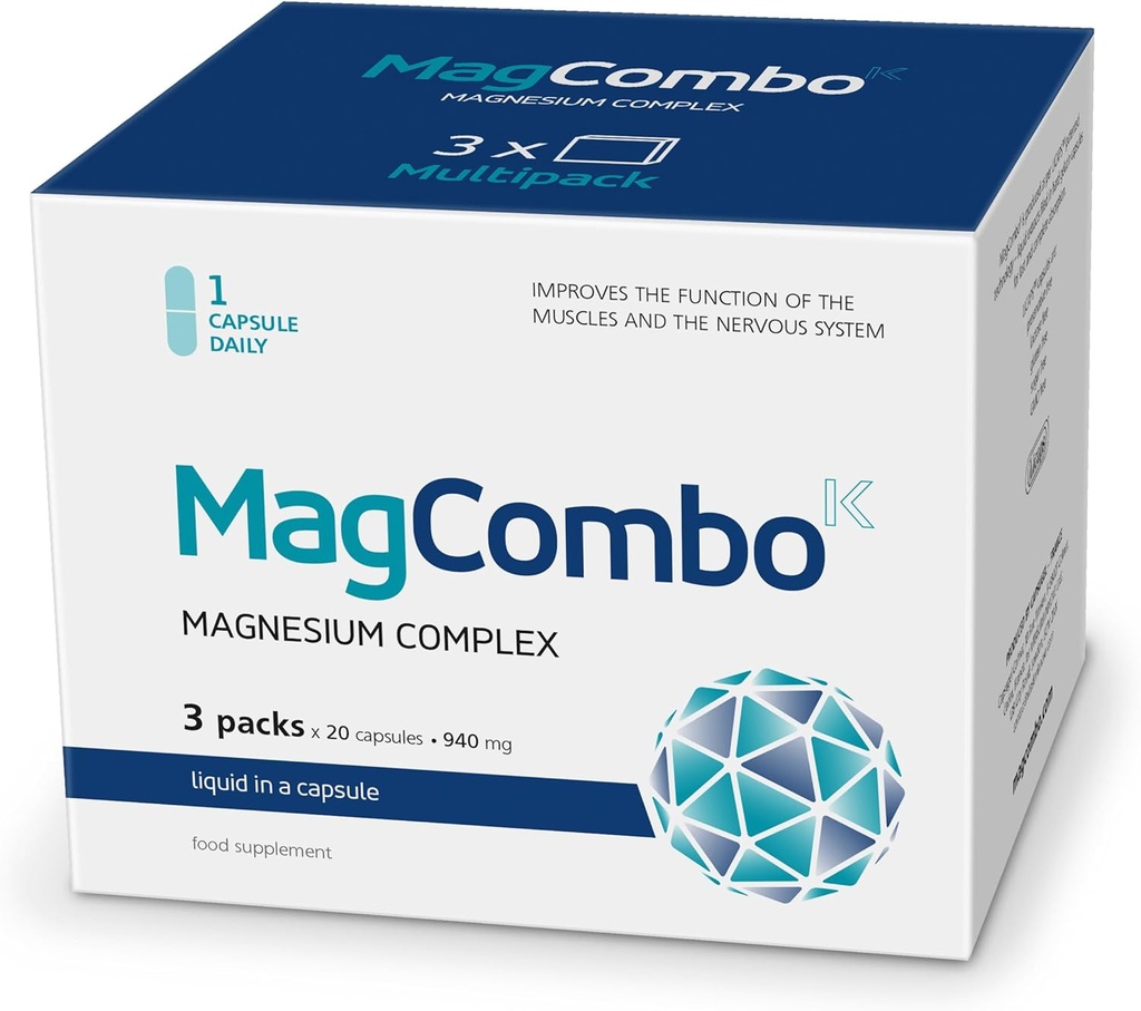 MagCombo - Συμπυκνωμένο καθαρό μαγνήσιο, ειδική φόρμουλα λαδιού για μέγιστη απορρόφηση, εμπλουτισμένη με βιταμίνες В2, В6, В12 και С, μόνο 1 κάψουλα καθημερινά. (Συσκευασία 3)