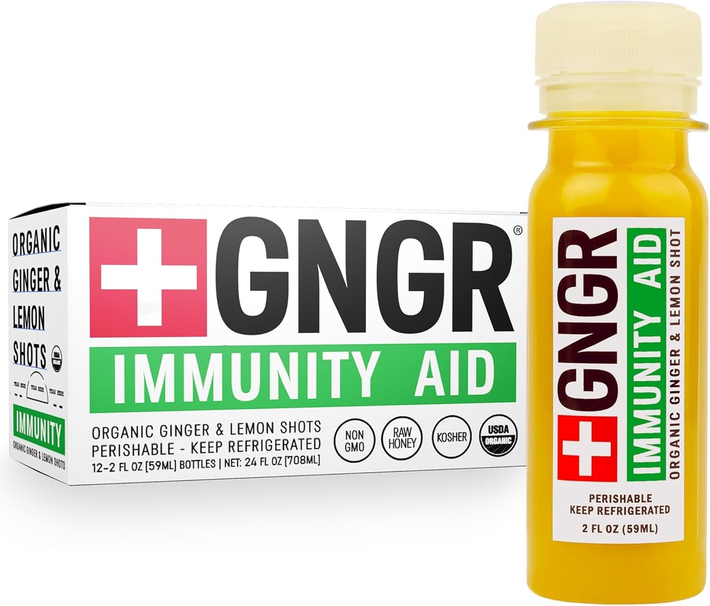 +GNGR Immunity Aid Organic Ginger, Lemon & Honey Shot - Παγωμένα σφηνάκια Ginger με Echinacea, χυμό λεμονιού, Μέλι, Ψευδάργυρος & Βιταμίνη D3, Ανοσοποιητική & Digestive Υποστήριξη 2 fl oz (Pack of 12)